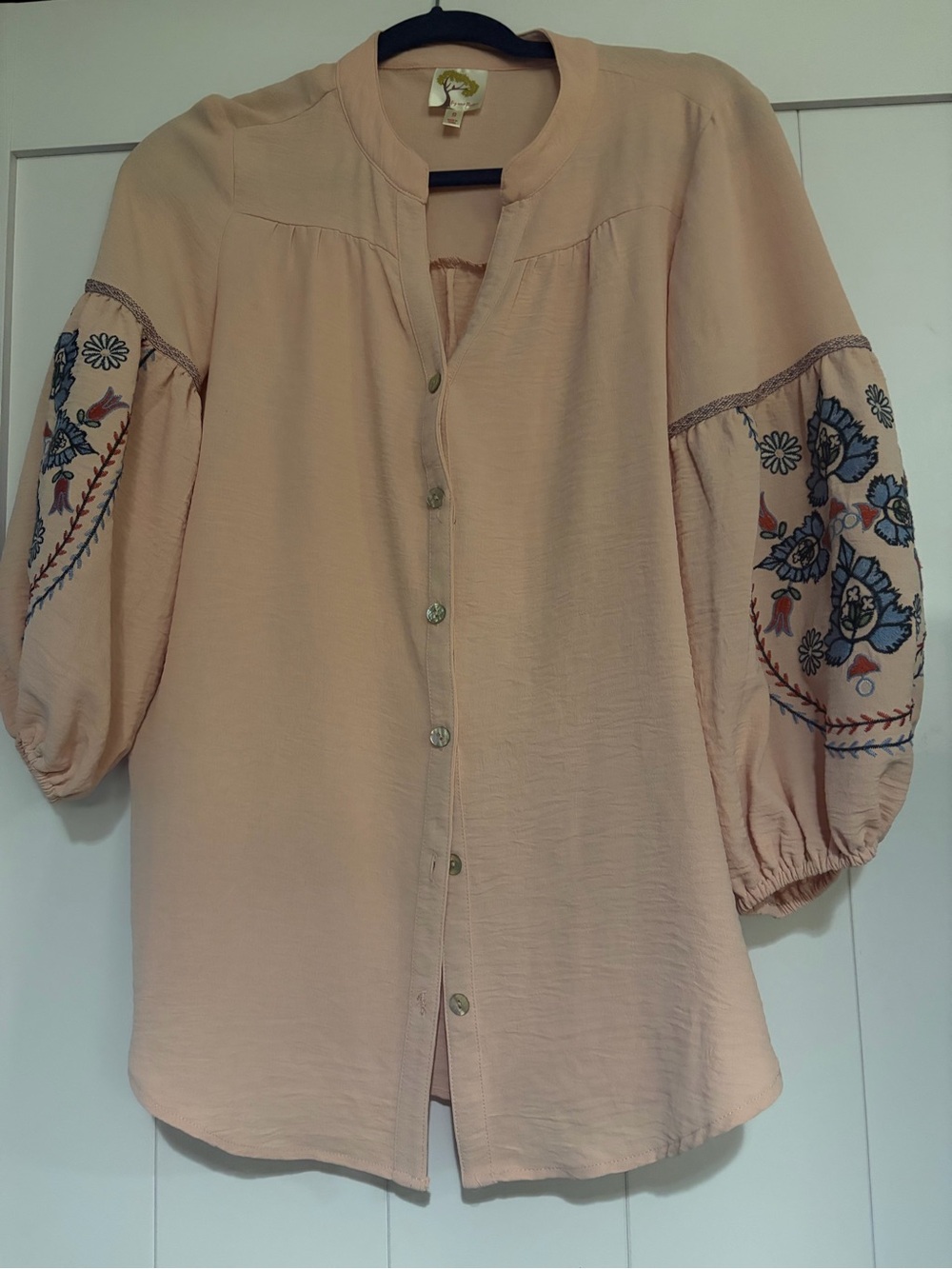fig and flower Blush Peach Button-Down Top with Blue Floral Embroidery